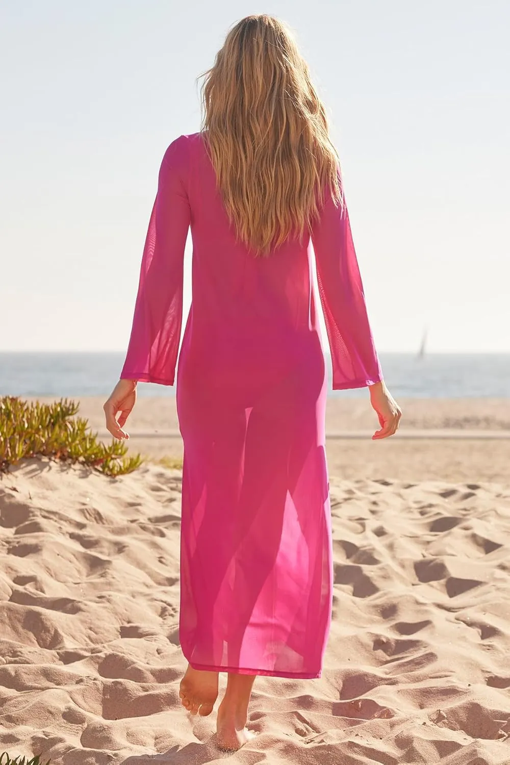 Trina Turk Elaire Mesh Maxi Dress, Casual, Plunge Neck, Long Sleeve, Beach Cover Ups for Women