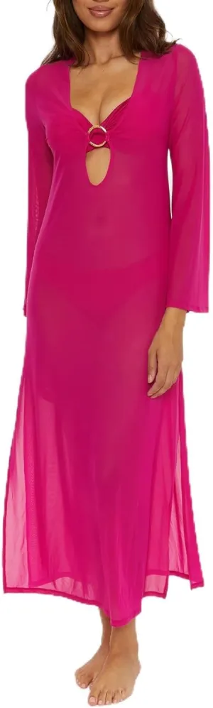 Trina Turk Elaire Mesh Maxi Dress, Casual, Plunge Neck, Long Sleeve, Beach Cover Ups for Women