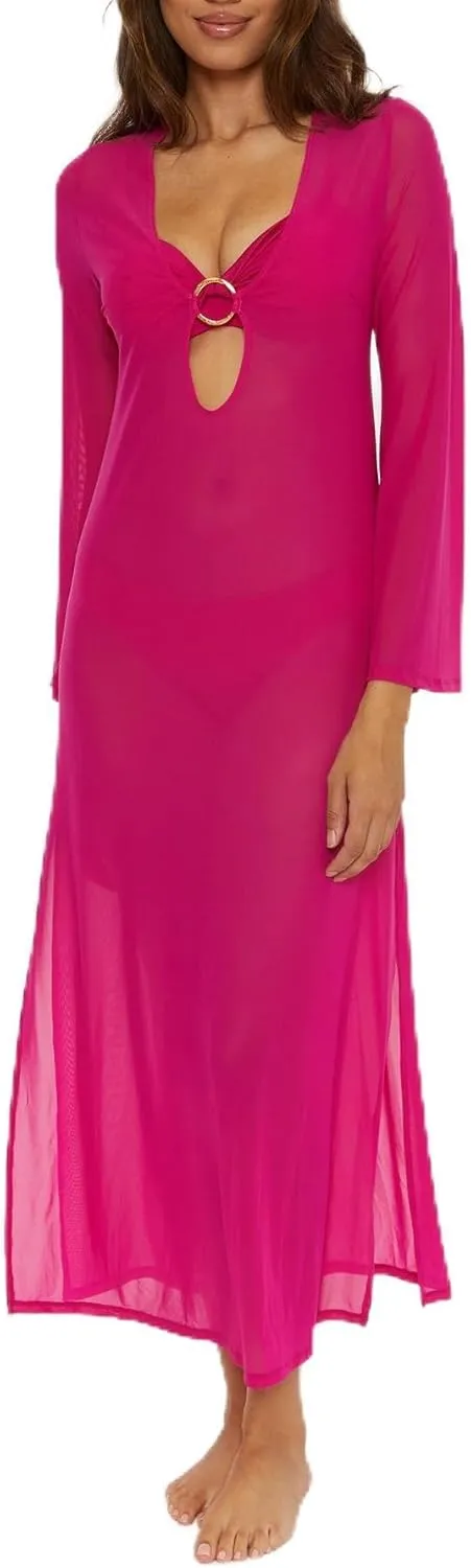 Trina Turk Elaire Mesh Maxi Dress, Casual, Plunge Neck, Long Sleeve, Beach Cover Ups for Women