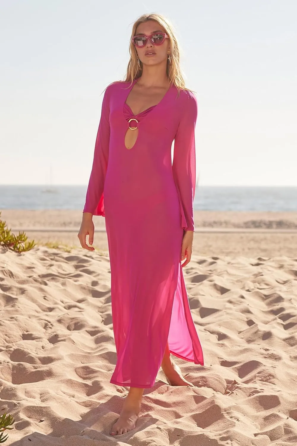 Trina Turk Elaire Mesh Maxi Dress, Casual, Plunge Neck, Long Sleeve, Beach Cover Ups for Women
