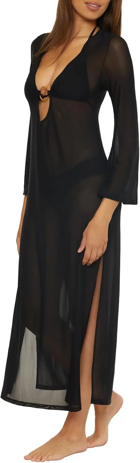 Trina Turk Elaire Mesh Maxi Dress, Casual, Plunge Neck, Long Sleeve, Beach Cover Ups for Women