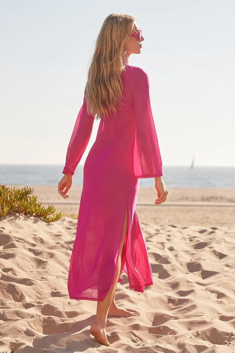 Trina Turk Elaire Mesh Maxi Dress, Casual, Plunge Neck, Long Sleeve, Beach Cover Ups for Women