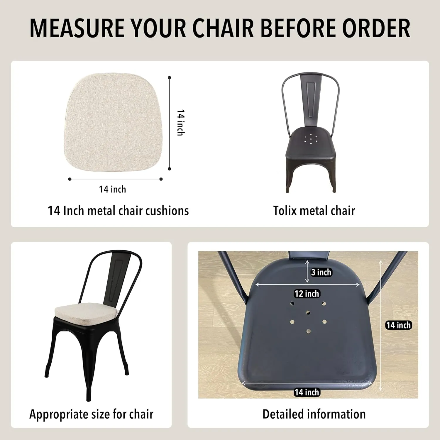 Tromlycs Metal Chair Cushions 14x14 Seat Small Tolix for Metal Chairs Cushions Pads Dining 14 inch Light Linen, One Piece