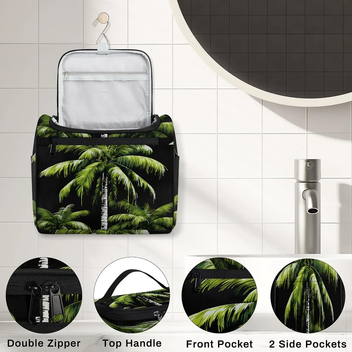 Tropical Plants Beach Palm Trees Travel Toiletry Bag for Men and Women, Large Hanging Makeup Bag Organizer Toiletries Bag for Travel, Cosmetic Bag with Handle