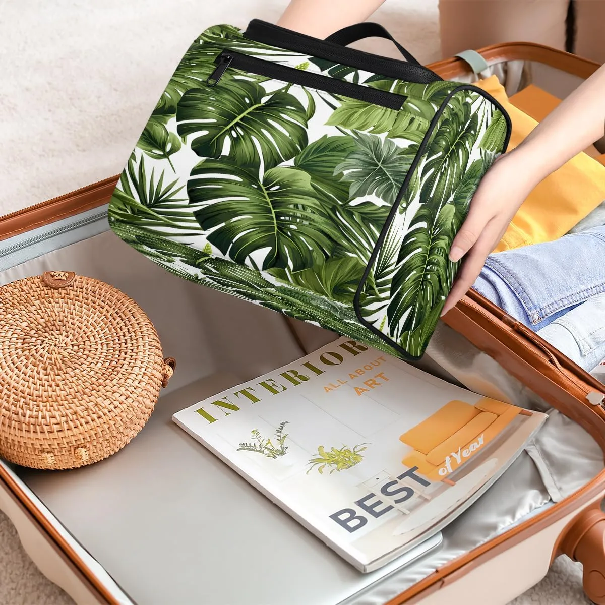 Tropical Plants Green Palms Leaf Banana Leaves Travel Toiletry Bag for Men and Women, Large Hanging Makeup Bag Organizer Toiletries Bag for Travel, Cosmetic Bag with Handle