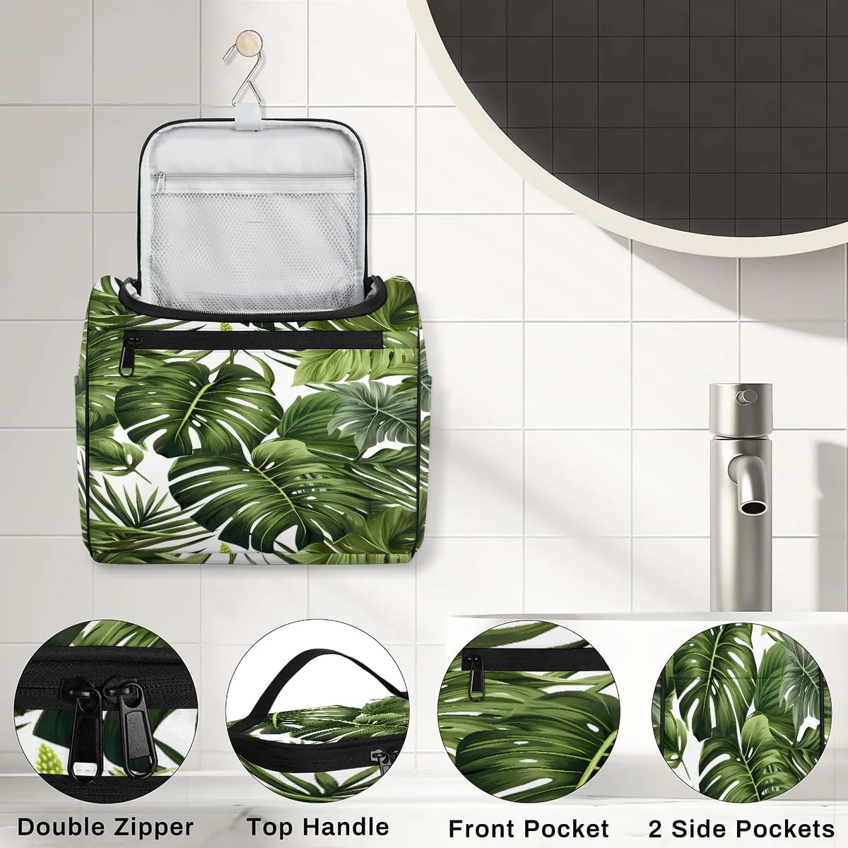 Tropical Plants Green Palms Leaf Banana Leaves Travel Toiletry Bag for Men and Women, Large Hanging Makeup Bag Organizer Toiletries Bag for Travel, Cosmetic Bag with Handle