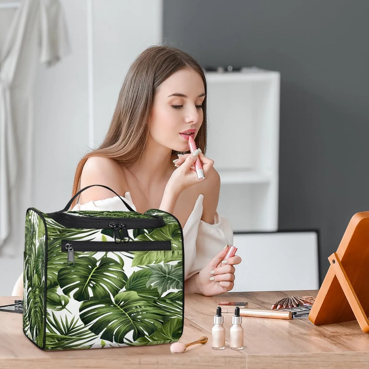 Tropical Plants Green Palms Leaf Banana Leaves Travel Toiletry Bag for Men and Women, Large Hanging Makeup Bag Organizer Toiletries Bag for Travel, Cosmetic Bag with Handle