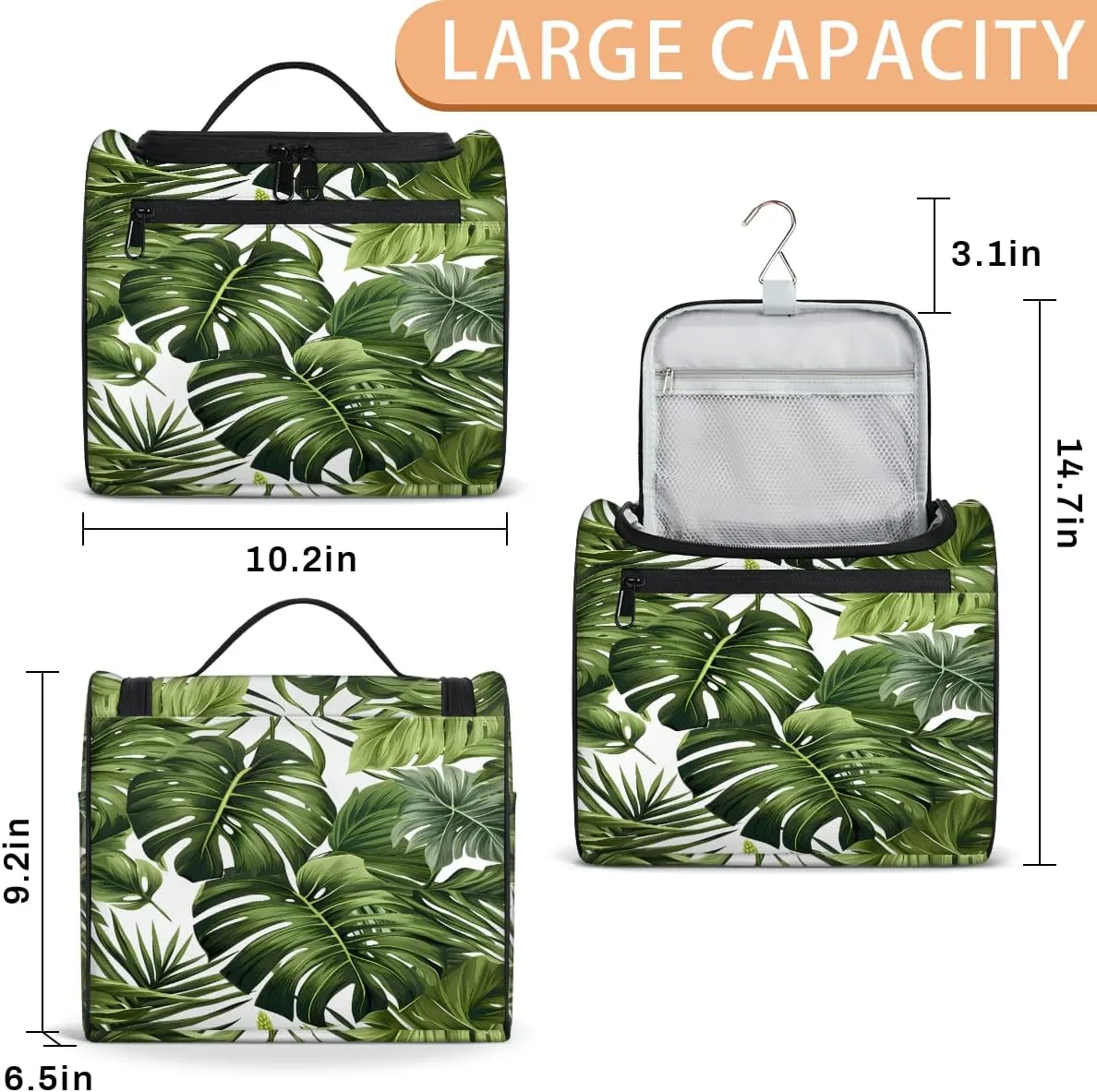 Tropical Plants Green Palms Leaf Banana Leaves Travel Toiletry Bag for Men and Women, Large Hanging Makeup Bag Organizer Toiletries Bag for Travel, Cosmetic Bag with Handle