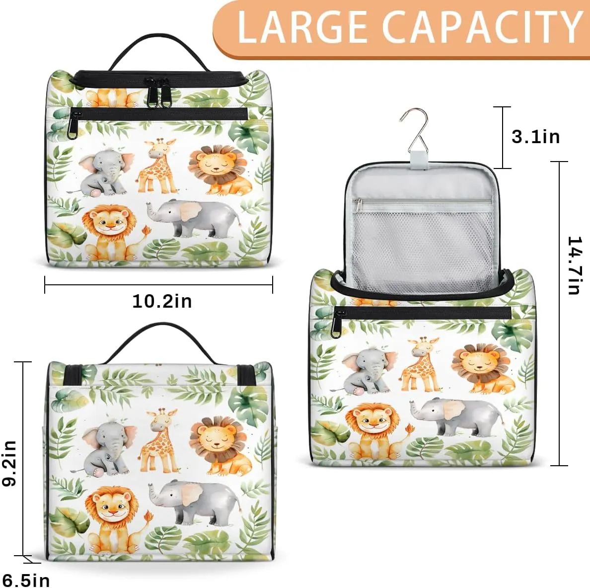 Tropical Rainfore Elephant Giraffe Lion Travel Toiletry Bag for Men and Women, Large Hanging Makeup Bag Organizer Toiletries Bag for Travel, Cosmetic Bag with Handle