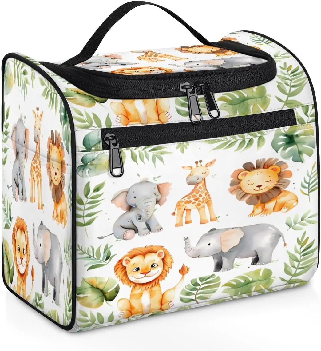 Tropical Rainfore Elephant Giraffe Lion Travel Toiletry Bag for Men and Women, Large Hanging Makeup Bag Organizer Toiletries Bag for Travel, Cosmetic Bag with Handle