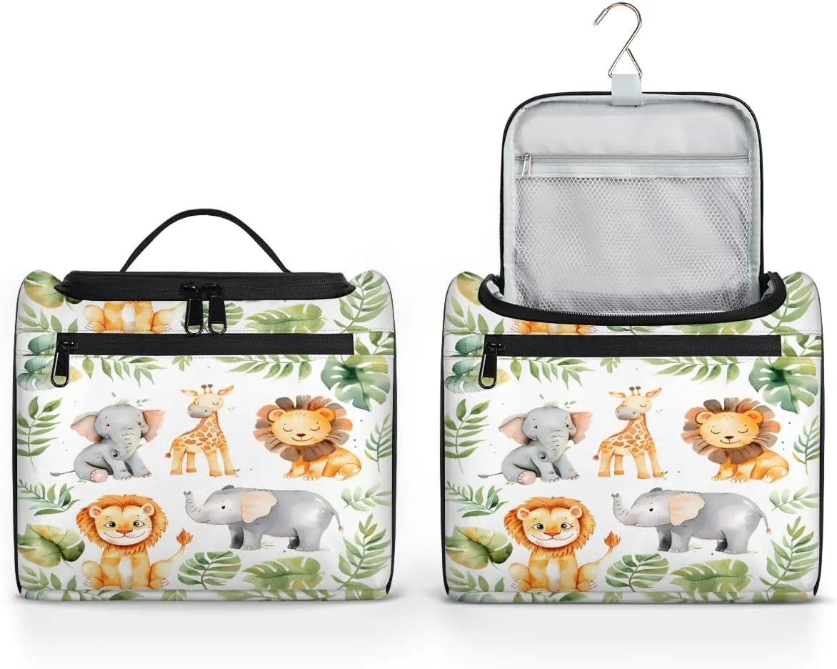 Tropical Rainfore Elephant Giraffe Lion Travel Toiletry Bag for Men and Women, Large Hanging Makeup Bag Organizer Toiletries Bag for Travel, Cosmetic Bag with Handle
