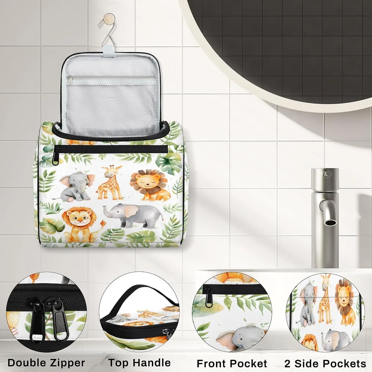 Tropical Rainfore Elephant Giraffe Lion Travel Toiletry Bag for Men and Women, Large Hanging Makeup Bag Organizer Toiletries Bag for Travel, Cosmetic Bag with Handle