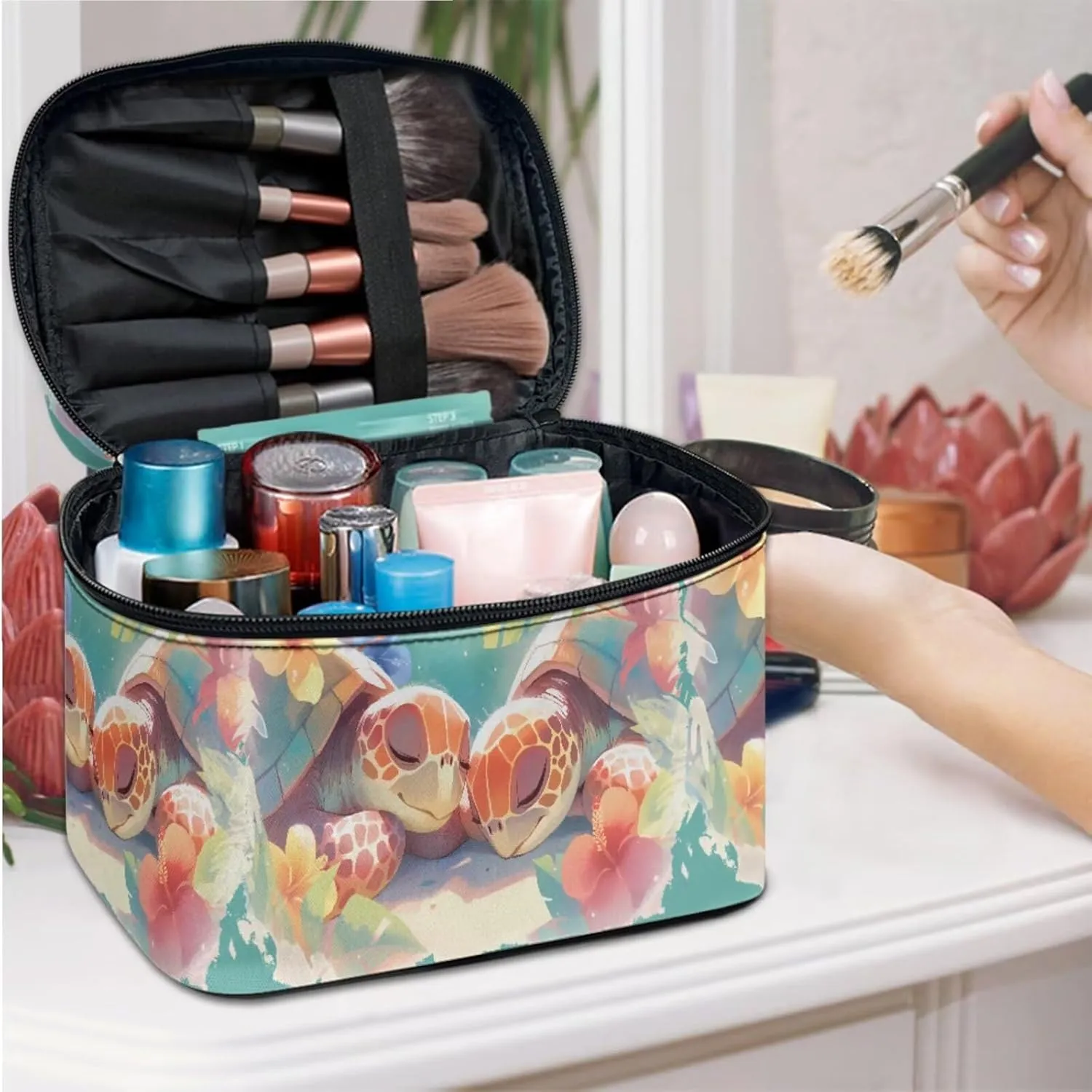 Tropical Sea Turtles Toiletry Bag Travel Make Up Bag Women Cosmetic Bag, Painting Couple Of Turtle Print Roomy Cosmetic Pouch for Purse Zipper Makeup Bags Large