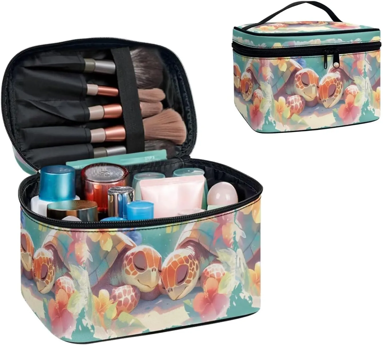 Tropical Sea Turtles Toiletry Bag Travel Make Up Bag Women Cosmetic Bag, Painting Couple Of Turtle Print Roomy Cosmetic Pouch for Purse Zipper Makeup Bags Large