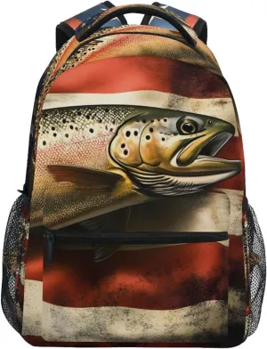 Trout American Flag Backpack Daypack Shoulder Bag Book Bag Lightweight Back Pack 12 ×16.9 In