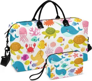 Turtle Coral Reef White Sports Gym Bag for Women Men Travel Duffel Bag Weekend Overnight Carry on Bag with Toiletry Bag for Swimming Yoga Plane