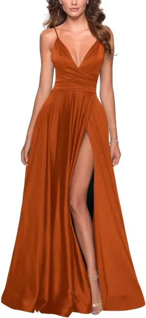 Tvuyet Elegant Long Prom Dress with Slit Pleated 2025 Satin Bridesmaid Dresses A Line Spaghetti Straps Evening Gowns