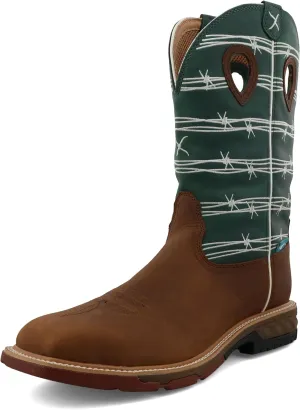 Twisted X Men's 12" Western Work Boot, Square Toe Alloy Toe with CellStretch, Oiled Buffalo & Green-Blue Slate, 12 EE