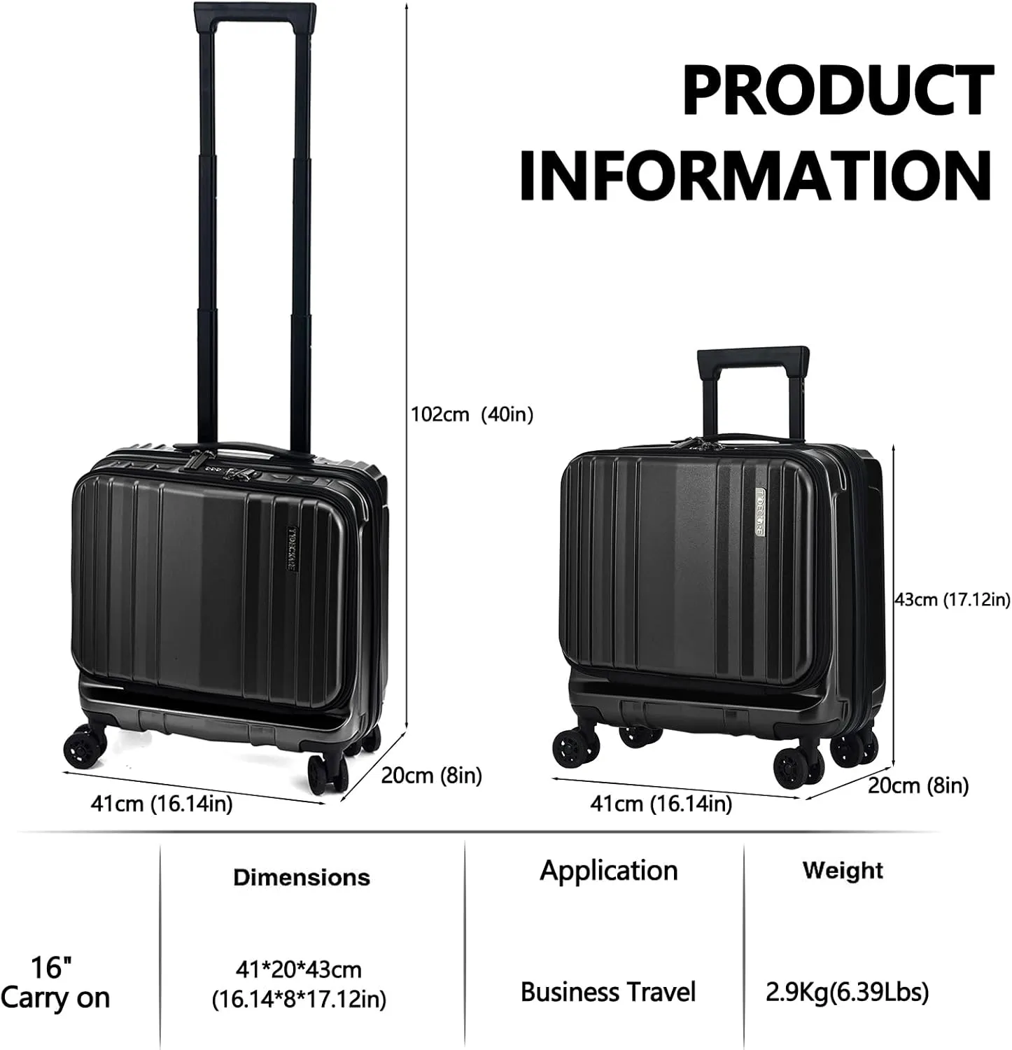 TydeCkare 16" Carry on Luggage with 2 Laptop Compartments, Lightweight Hardshell ABS PC Suitcase with Dual Control TSA Lock, with YKK Zipper, 4 Spinner Silent Wheels, for Business Travel, Black