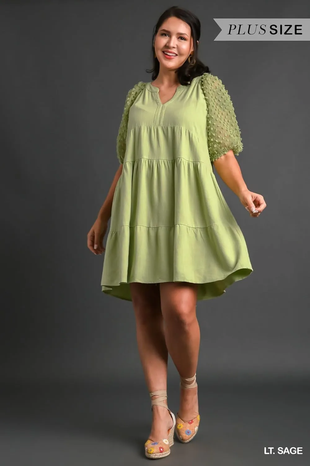 Umgee Floral Applique Detail Cuffed Puffed Sleeve Tiered Dress