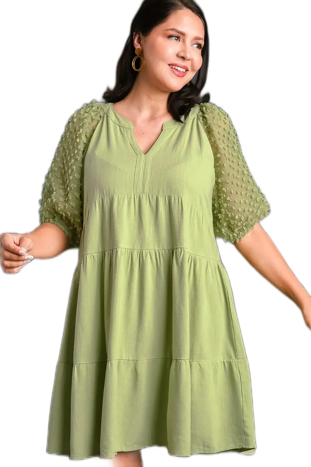 Umgee Floral Applique Detail Cuffed Puffed Sleeve Tiered Dress