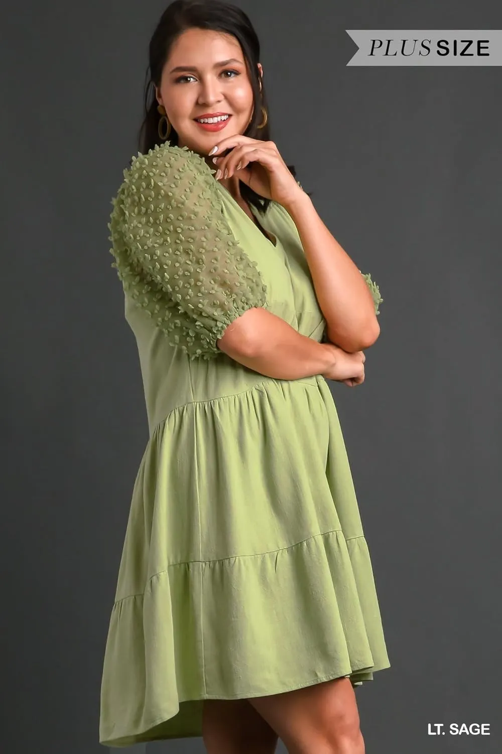 Umgee Floral Applique Detail Cuffed Puffed Sleeve Tiered Dress