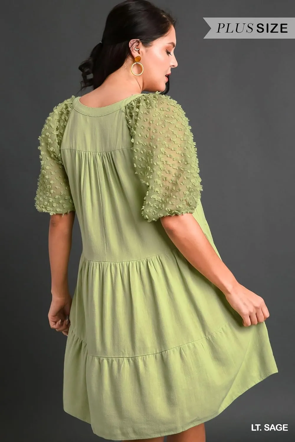 Umgee Floral Applique Detail Cuffed Puffed Sleeve Tiered Dress