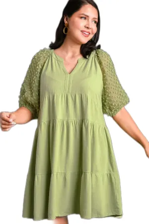 Umgee Floral Applique Detail Cuffed Puffed Sleeve Tiered Dress