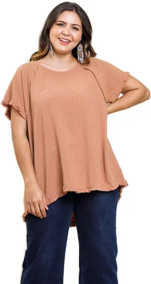 Umgee Women's Pintuck High Low Fringed Top (Small, Canyon Clay)