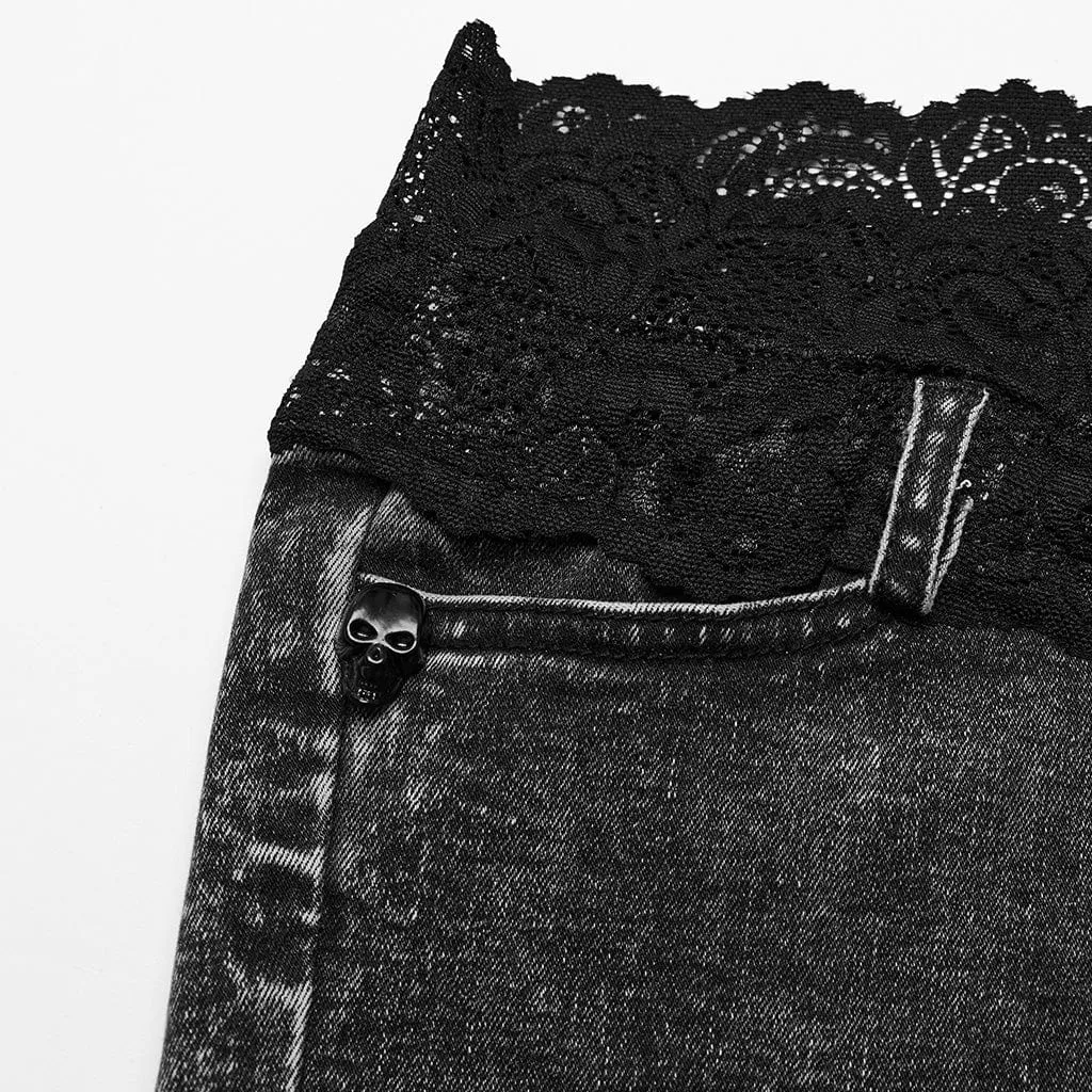Unbesäumte Punk-Shorts mit Totenkopf-Splice-Motiv für Damen