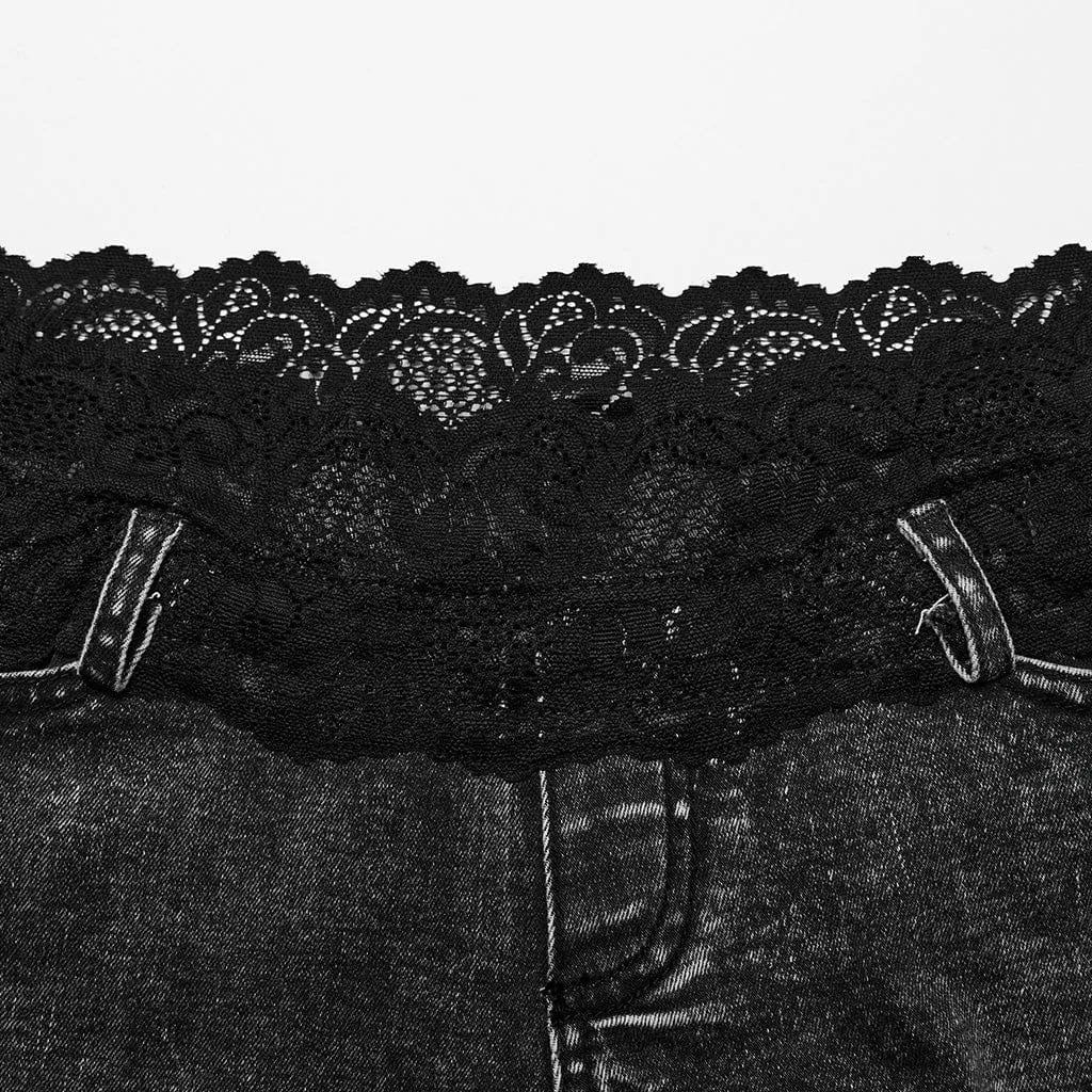Unbesäumte Punk-Shorts mit Totenkopf-Splice-Motiv für Damen