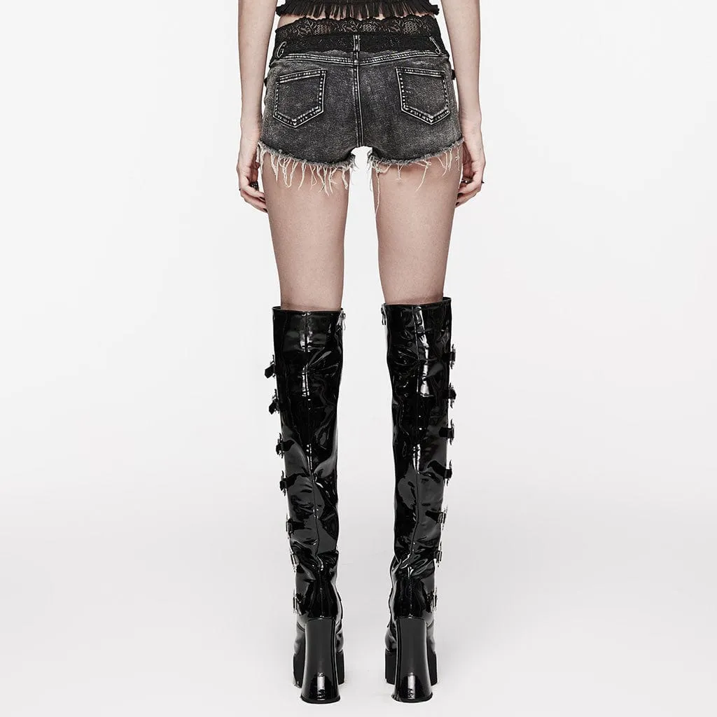 Unbesäumte Punk-Shorts mit Totenkopf-Splice-Motiv für Damen