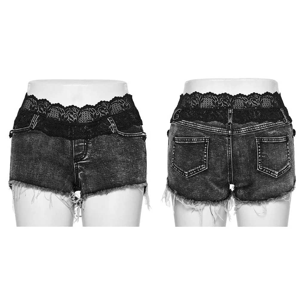Unbesäumte Punk-Shorts mit Totenkopf-Splice-Motiv für Damen