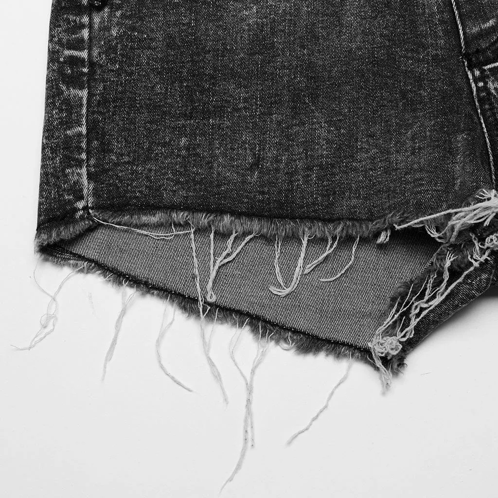 Unbesäumte Punk-Shorts mit Totenkopf-Splice-Motiv für Damen