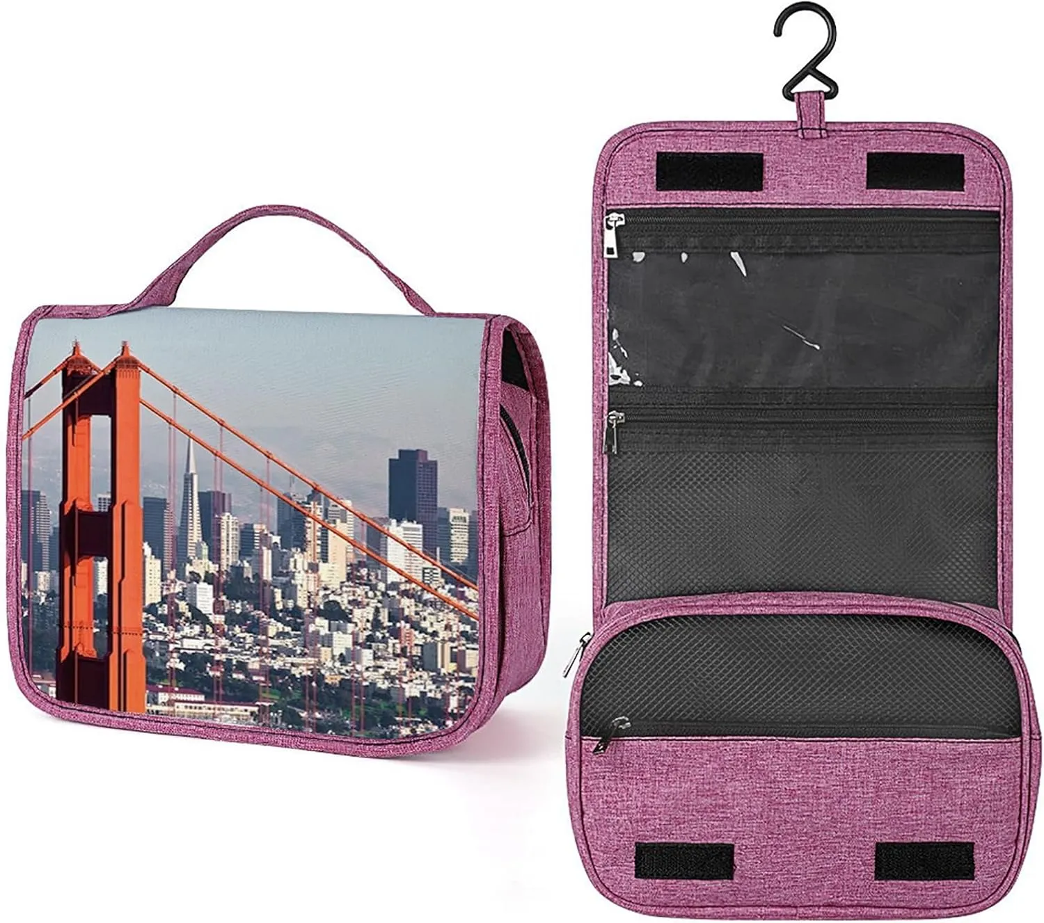 United States Photo,Toiletry Bag Travel Bag with Hanging Hook,San Francisco Bridge and Cityscape,Water-resistant Makeup Cosmetic Bag Organizer for Makeup Accessories,Blue Orange
