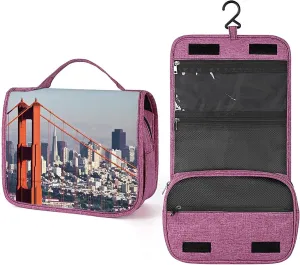 United States Photo,Toiletry Bag Travel Bag with Hanging Hook,San Francisco Bridge and Cityscape,Water-resistant Makeup Cosmetic Bag Organizer for Makeup Accessories,Blue Orange