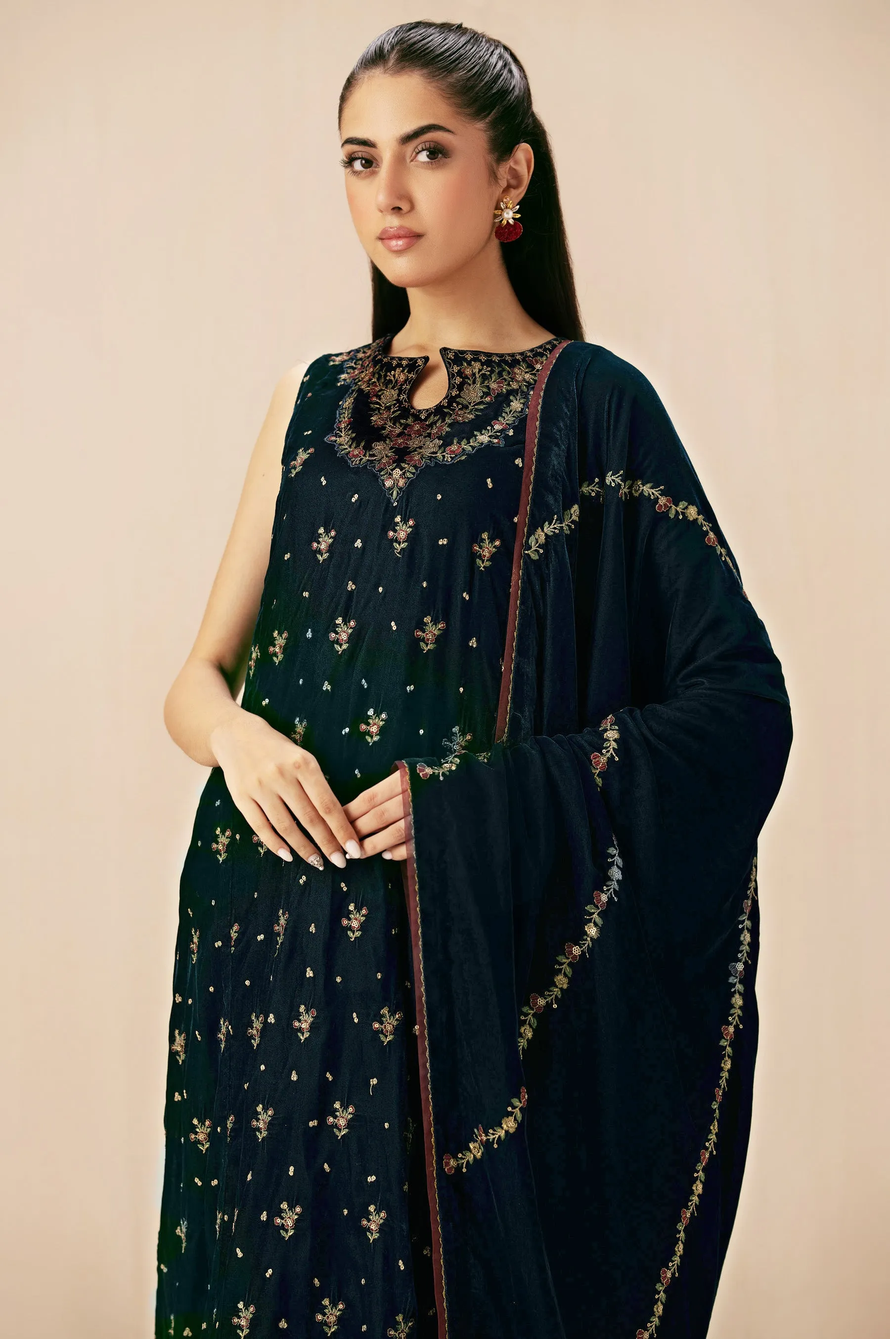 Unstitched 3 Piece Embroidered Velvet Suit - Teal Blue