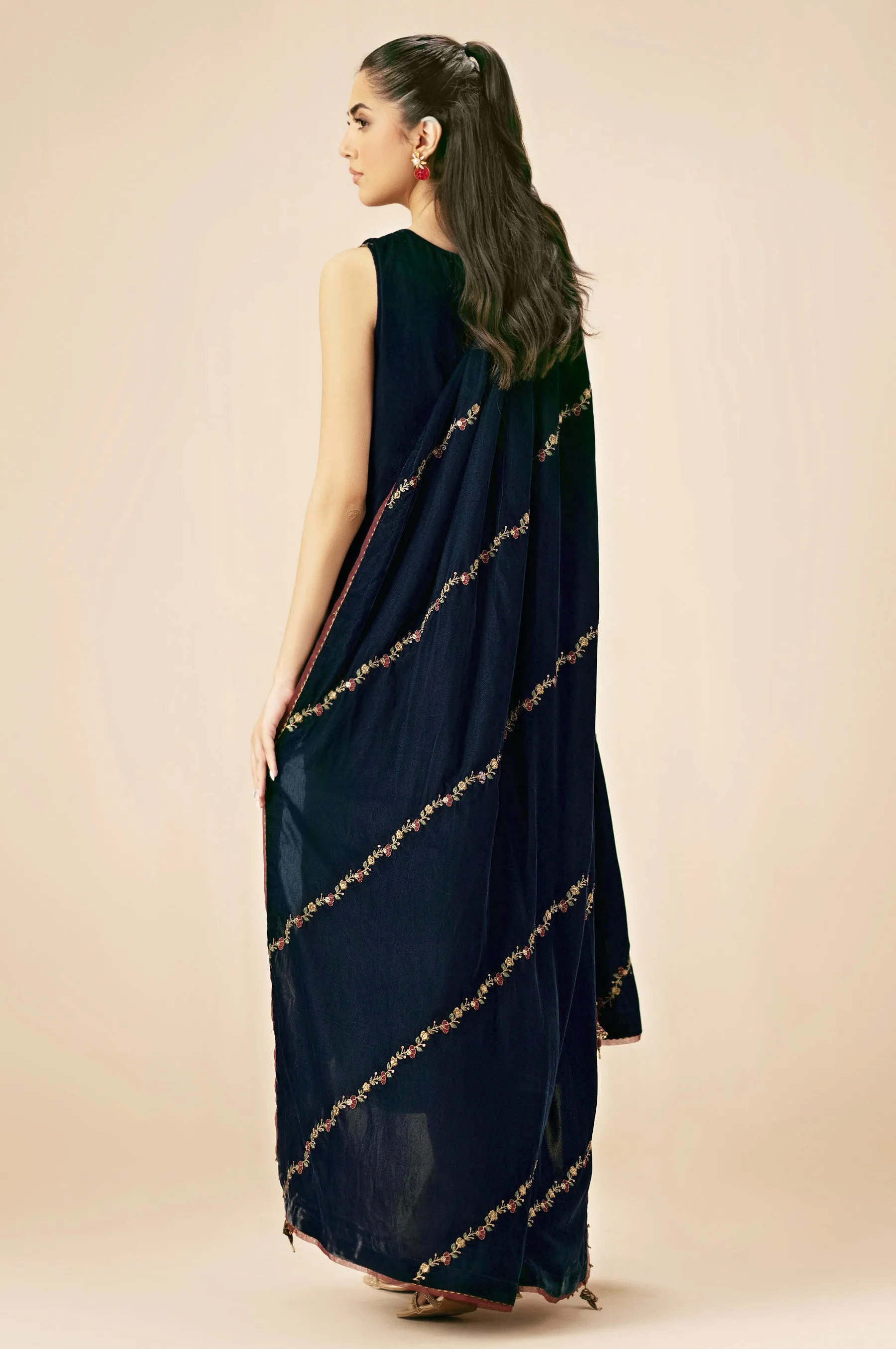 Unstitched 3 Piece Embroidered Velvet Suit - Teal Blue