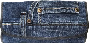 Up-cycling Blue Denim Trifold Large Capacity Long Wallet Wristlet Purse for Women