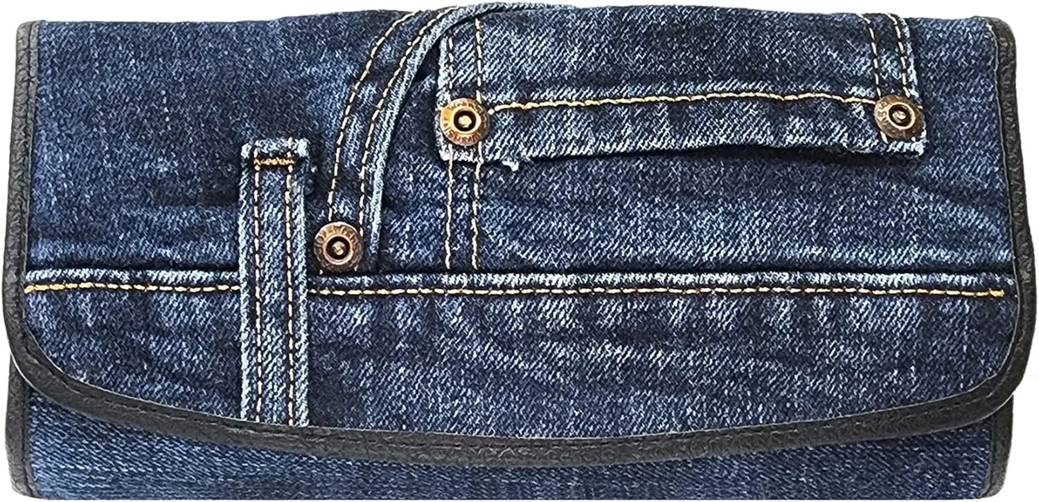 Up-cycling Blue Denim Trifold Large Capacity Long Wallet Wristlet Purse for Women