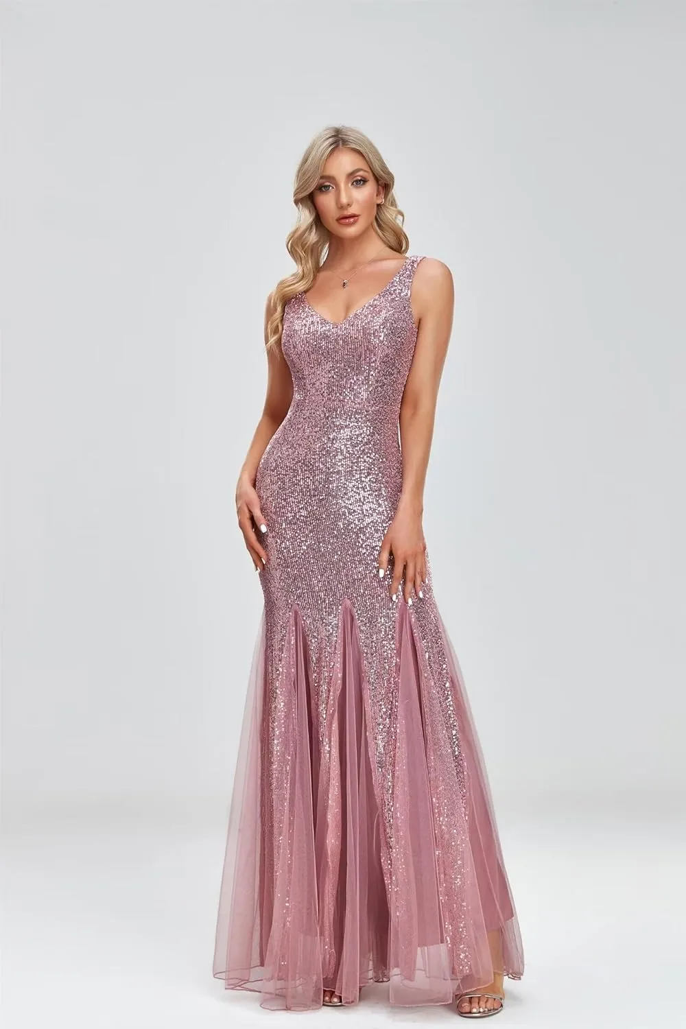 Updated Women's Double V Neck Long Sequined Mermaid Dress Formal Dress Bridesmaid Party Dress