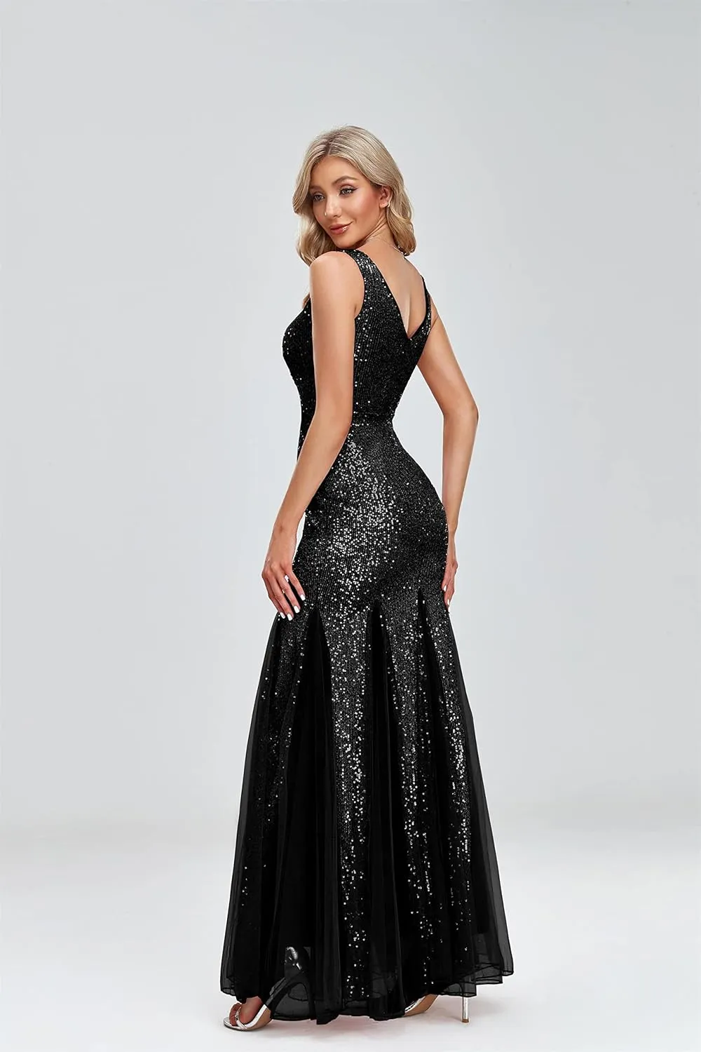 Updated Women's Double V Neck Long Sequined Mermaid Dress Formal Dress Bridesmaid Party Dress