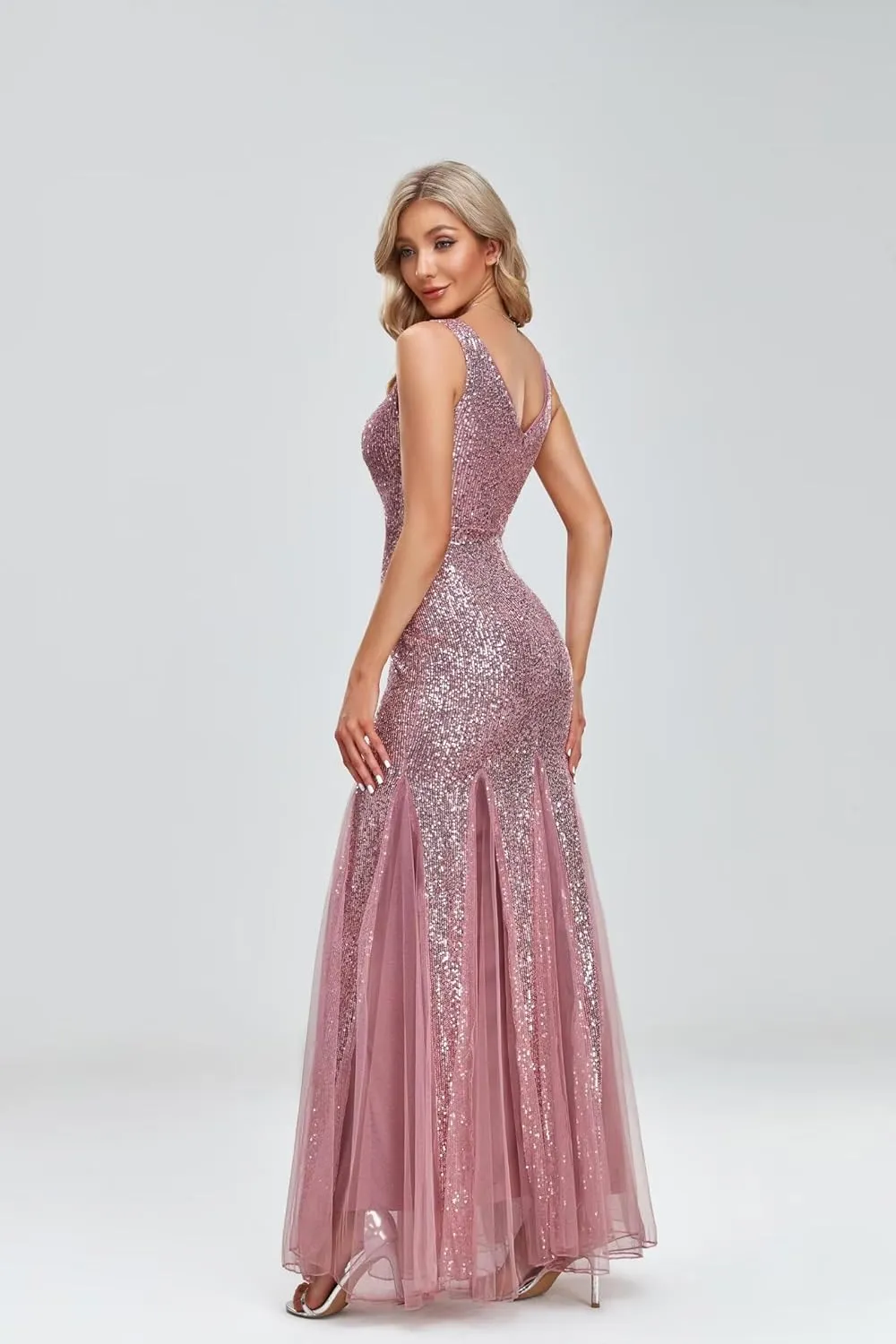 Updated Women's Double V Neck Long Sequined Mermaid Dress Formal Dress Bridesmaid Party Dress