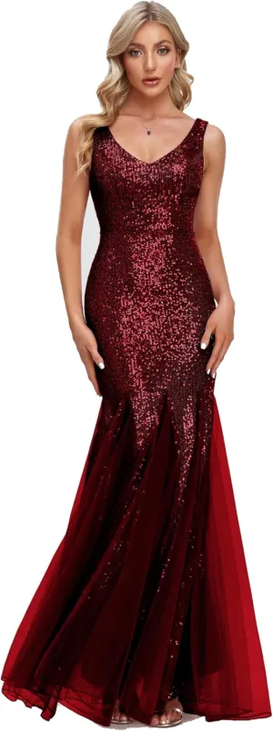 Updated Women's Double V Neck Long Sequined Mermaid Dress Formal Dress Bridesmaid Party Dress