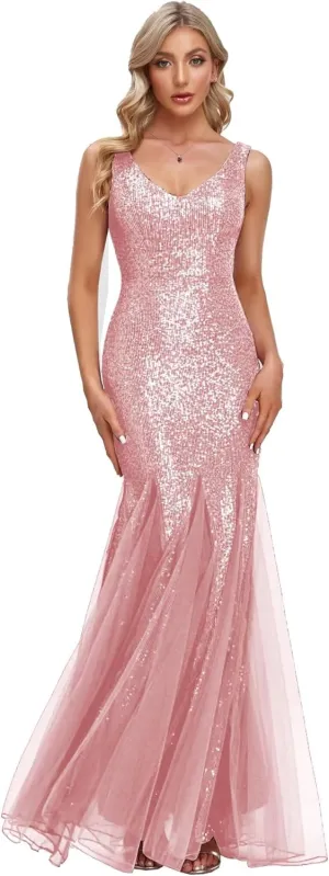 Updated Women's Double V Neck Long Sequined Mermaid Dress Formal Dress Bridesmaid Party Dress