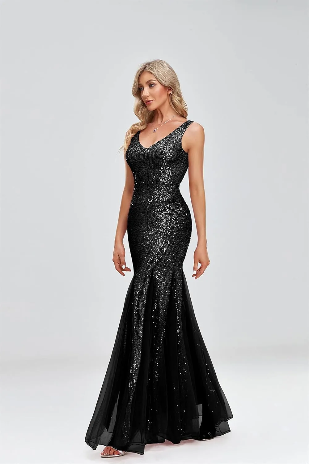 Updated Women's Double V Neck Long Sequined Mermaid Dress Formal Dress Bridesmaid Party Dress