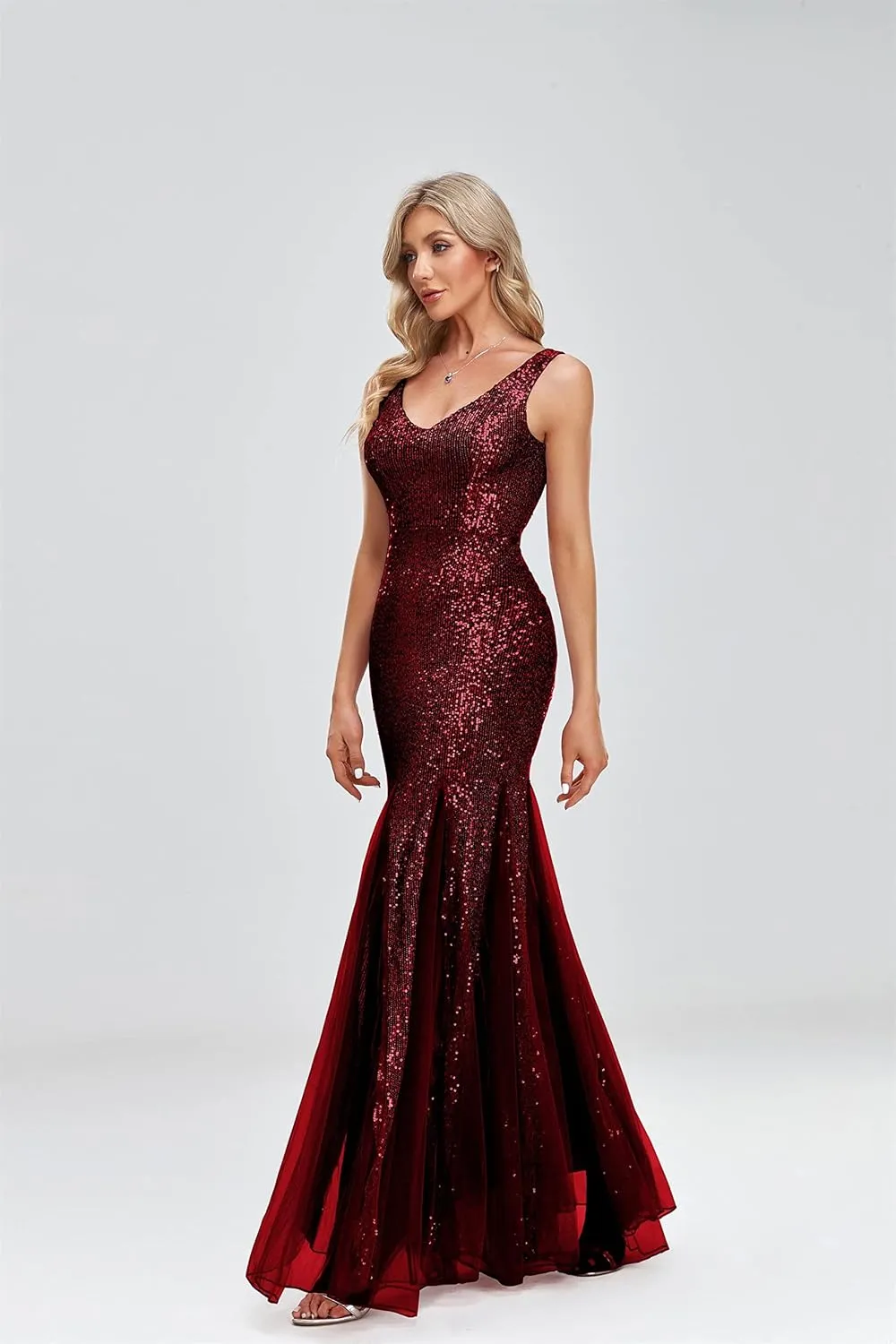 Updated Women's Double V Neck Long Sequined Mermaid Dress Formal Dress Bridesmaid Party Dress