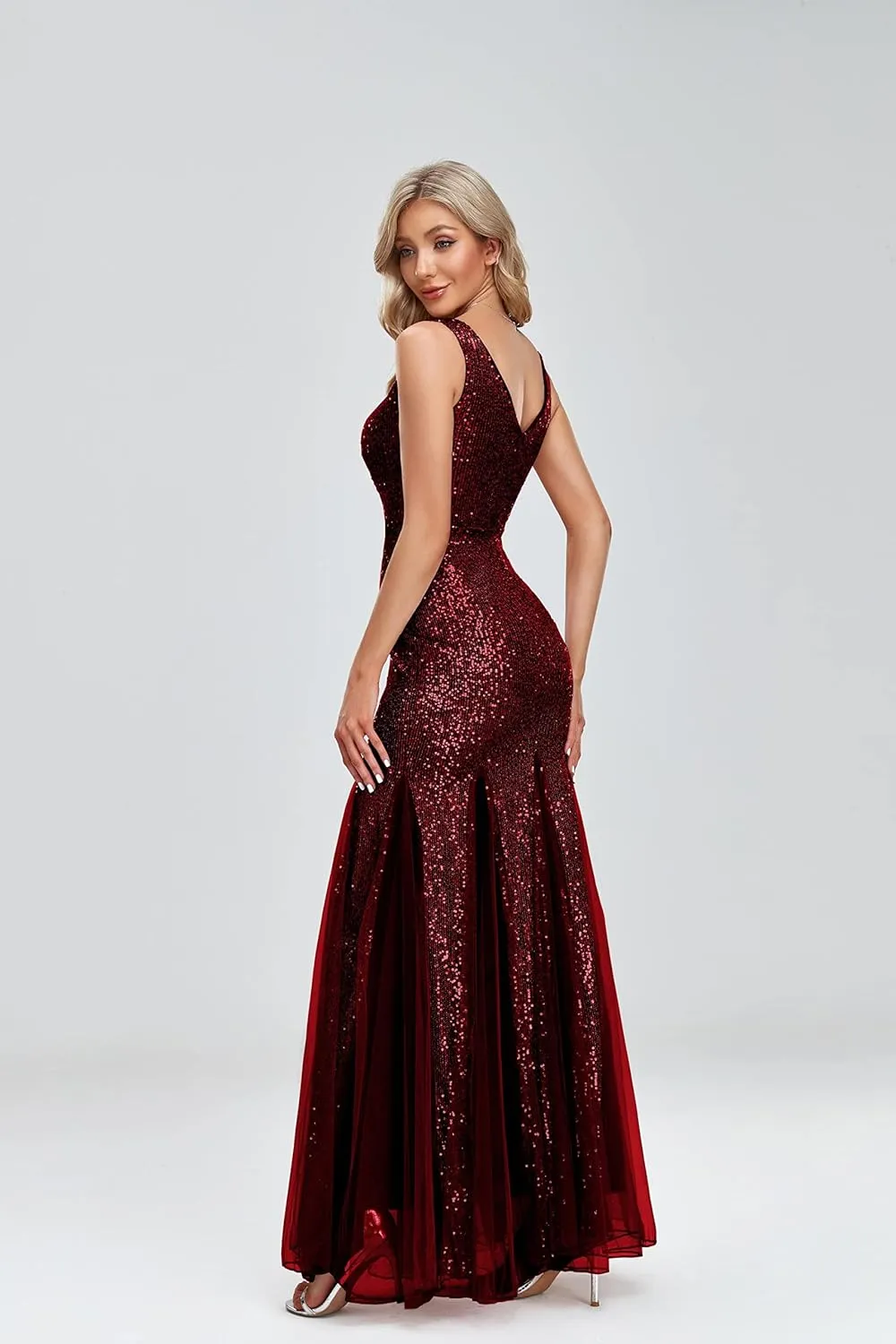 Updated Women's Double V Neck Long Sequined Mermaid Dress Formal Dress Bridesmaid Party Dress