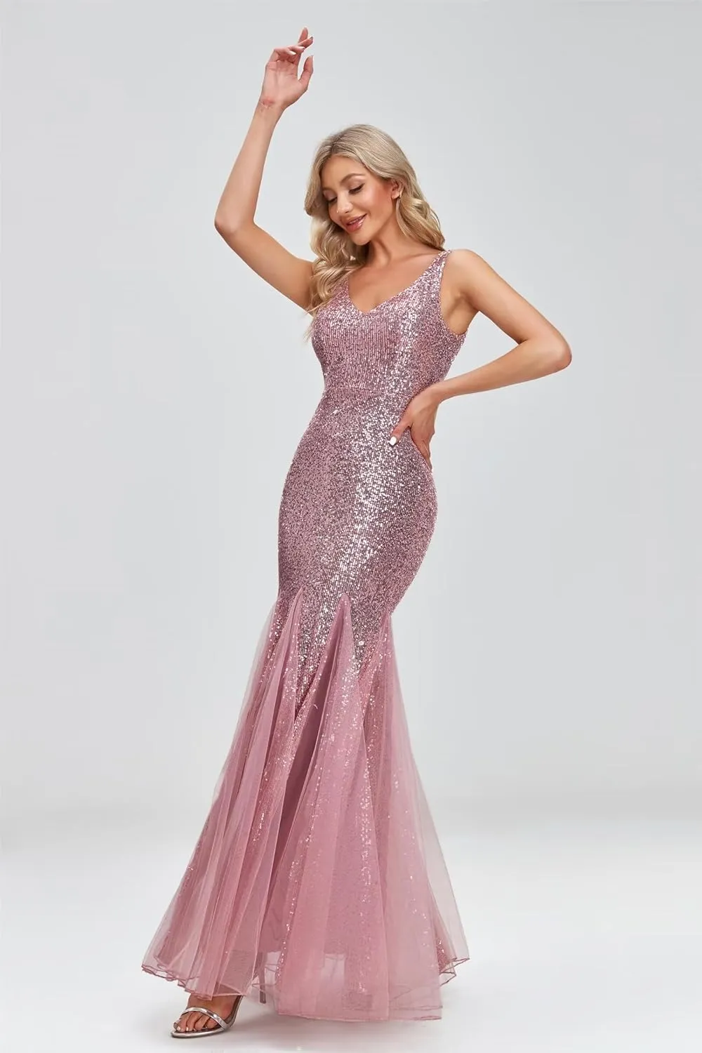 Updated Women's Double V Neck Long Sequined Mermaid Dress Formal Dress Bridesmaid Party Dress