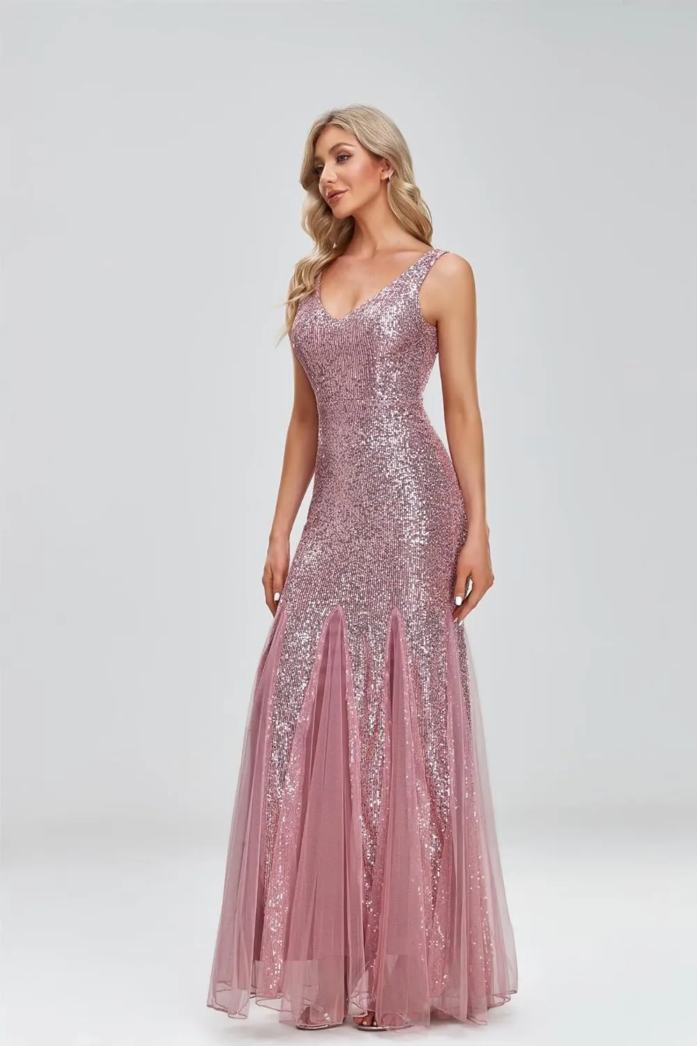 Updated Women's Double V Neck Long Sequined Mermaid Dress Formal Dress Bridesmaid Party Dress